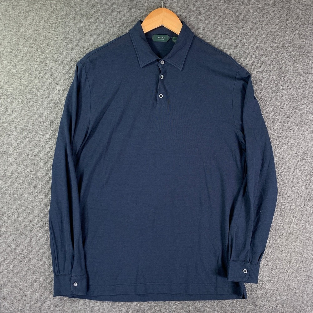 Zanone Polo Shirt Men 54 Navy Blue Long Sleeve Lightweight Made In Italy